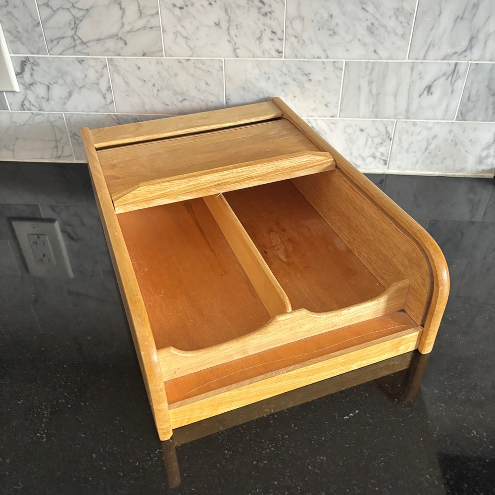 Vintage Wood Cassette Tape Storage Box - Mid Century Roll Top Organizer